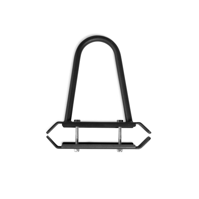 The Bells of Steel USA Divider for Bumper Plate Shelf (Pack of 3) is a black metal U-shaped bracket with a flat base and two bolts, perfect for mounting adjustable dividers on storage shelves; shown here on a white background.