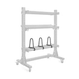 The Bells of Steel USA Divider for Bumper Plate Shelf (Pack of 3) includes three black, U-shaped holders on a light gray, wheeled rack with storage shelves for easy mobility and organized gym equipment.
