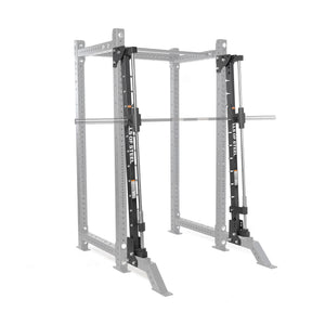 The Bells of Steel Smith Machine Rack Attachment features a guided Smith machine and barbell, with black-highlighted rails and bar contrasting against the rack attachment’s faded gray structure.