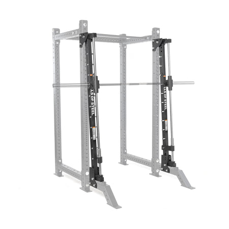The Bells of Steel Smith Machine Rack Attachment features a guided Smith machine and barbell, with black-highlighted rails and bar contrasting against the rack attachment’s faded gray structure.