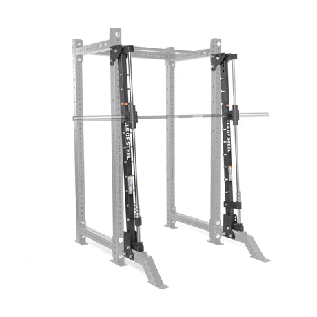 The Bells of Steel Smith Machine Rack Attachment features a guided Smith machine and barbell, with black-highlighted rails and bar contrasting against the rack attachment’s faded gray structure.
