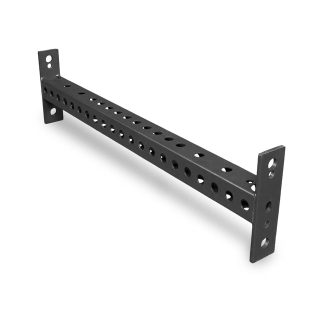 The Bells of Steel USA Crossmember For Converter Bench - 43" is a black metal rectangular bar with multiple round holes and flat mounting plates on each end, perfect for two-post rack setups, shown isolated on a white background.
