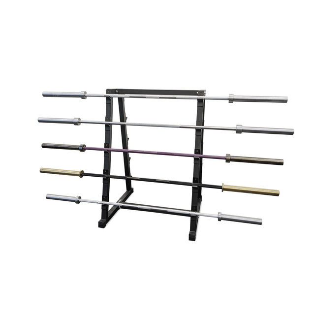 The Bells of Steel Fixed Barbell Rack, made of black metal, holds six Olympic barbells horizontally on individual tiers. Each barbell features a unique color and design, displayed against a plain white background.
