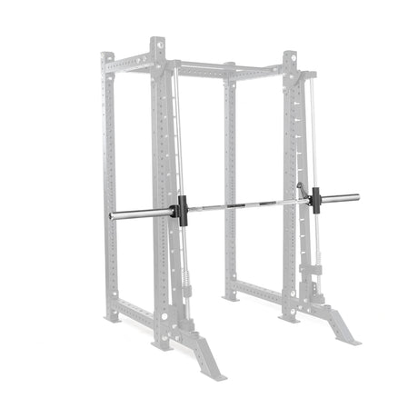 A Smith Machine Rack Attachment by Bells of Steel in a power rack with safety bars and weight plate holders. The grey outline highlights the rack, contrasting with the fully colored bodybuilding equipment for emphasis.