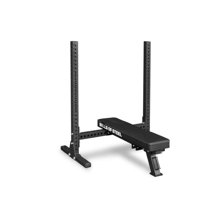 The Bells of Steel USA Two Post Converter Bench is a black adjustable gym bench with a sturdy metal rack, featuring "BELLS OF STEEL" on the bench, set against a plain white background—ideal for any dedicated bench station.