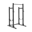 The Bells of Steel Hydra Half Rack - Prebuilt features 3" x 3" uprights, ⅝" holes, a pull-up bar, and safety straps—ideal for weightlifting and strength training in your home gym.