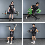 A collage of four photos shows two people performing front raises, incline rows, shoulder presses, and biceps curls with the Bells of Steel Open Trap Bar/Hex Bar against a plain gray wall background.