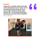 A man lifts a loaded Bells of Steel Open Trap Bar in the gym. Beside him, a review from verified buyer Adam V. praises its versatility and easy plate loading as a top strength-training tool.