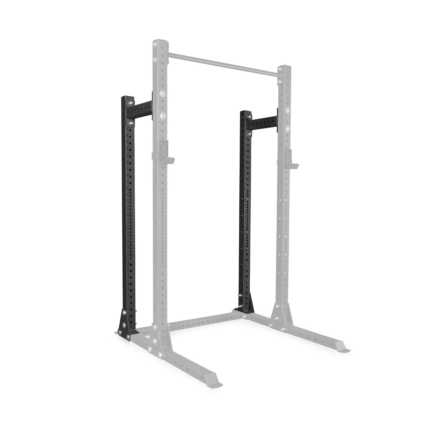 The Bells of Steel USA Half Rack Conversion Kits feature highlighted black uprights and a pull-up bar, with the other modular gym frame parts shown in gray to emphasize the selected components against a white background.
