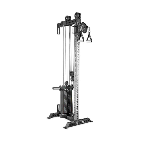 The Bells of Steel USA Oblivyon Tower - 3" x 3” Cable Tower features a sturdy metal frame, adjustable pulley, weight stack, and single handle—ideal for strength training in any home gym cable machine setup.