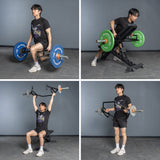 A man wearing a black T-shirt and shorts uses the Bells of Steel Open Trap Bar / Hex Bar to perform deadlifts, incline bench rows, seated shoulder presses, and upright rows during a gym workout.