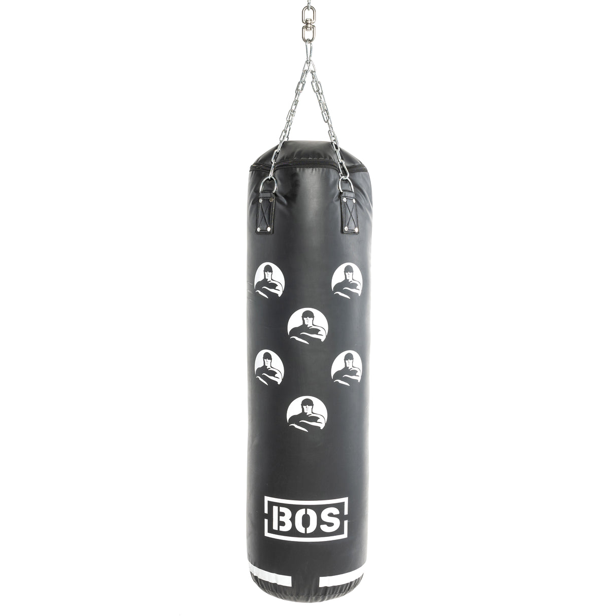 A Bells of Steel Heavy Bag Set, featuring a black bag with white logos, hangs from a chain, prepped for your next workout session.