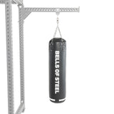 A black heavy bag from the Bells of Steel USA Heavy Bag Set hangs from a metal frame by chains against a white background, making it an ideal addition to any power rack or heavy bag set.