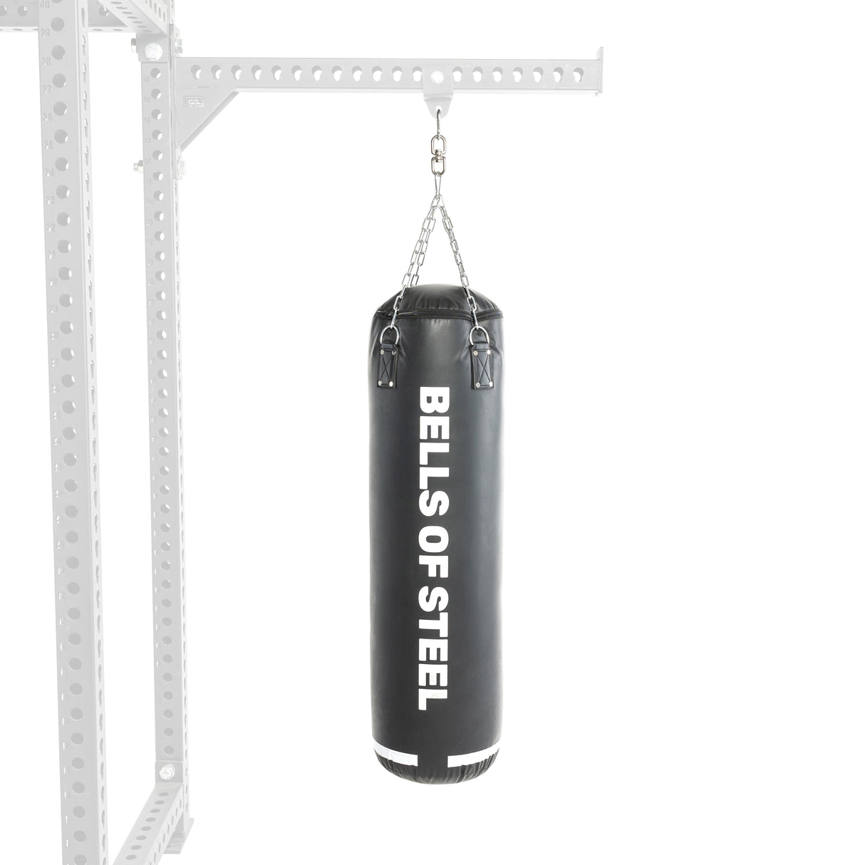 A Bells of Steel Heavy Bag Set is suspended from a metal frame by chains, with the sturdy support, similar to a power rack, partially visible on the left against a white background.