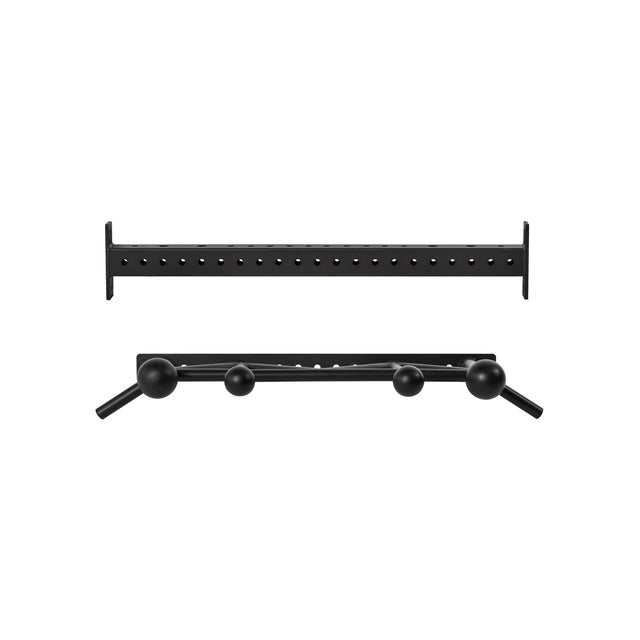Two black Bells of Steel USA Colored Globe Pull Up Bars are wall-mounted: the top is a straight bar with evenly spaced holes, and the bottom features an angled bar with three globe knobs and four angled pegs. Both are isolated on a white background.