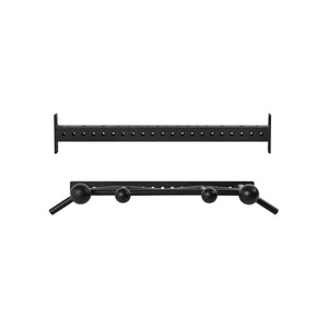 Two gym attachments from Bells of Steel USA are shown: the Colored Globe Pull up Bar, featuring an angled design with three spherical grips and side handles, and a straight black metal bar with evenly spaced holes, both isolated on white.