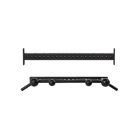 Two gym attachments from Bells of Steel USA are shown: the Colored Globe Pull up Bar, featuring an angled design with three spherical grips and side handles, and a straight black metal bar with evenly spaced holes, both isolated on white.
