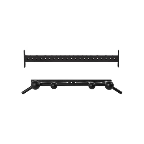 Two gym attachments from Bells of Steel USA are shown: the Colored Globe Pull up Bar, featuring an angled design with three spherical grips and side handles, and a straight black metal bar with evenly spaced holes, both isolated on white.