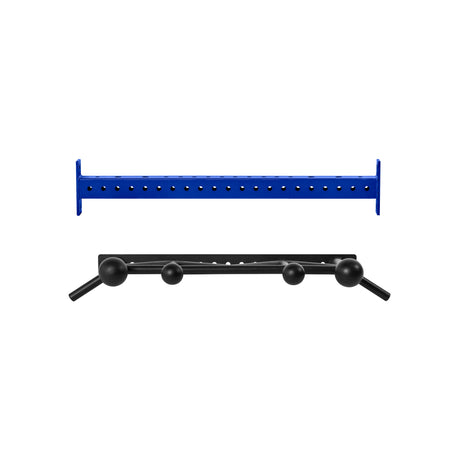 The Bells of Steel USA Colored Globe Pull up Bar includes a blue metal bar with evenly spaced holes and a black pull-up attachment featuring multiple grip positions and spherical grips, both shown on a white background.