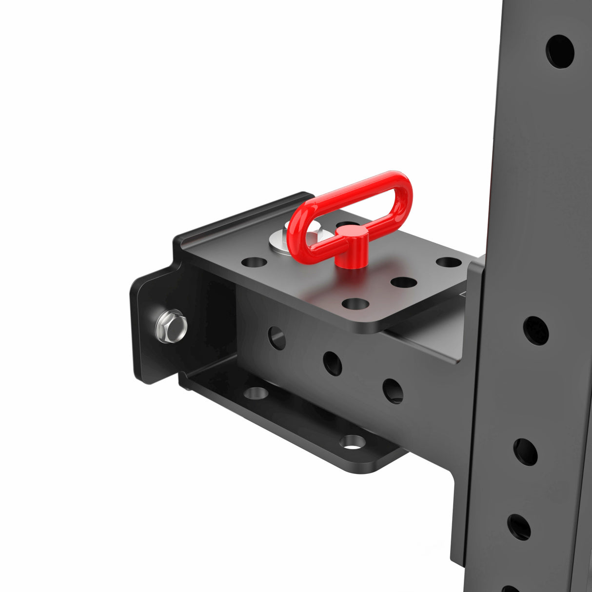 Close-up of the Roc Foldable 4 Post Cage Builder by Bells of Steel, featuring a black adjustable bracket with ⅝" holes for versatility. A red safety pin secures components to a vertical support beam, reminiscent of a Hydra rack.