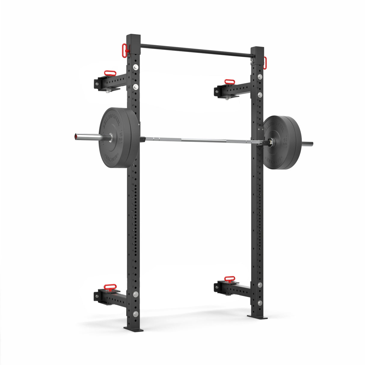 The Roc Foldable 2 Post Cage Builder by Bells of Steel is a heavy-duty black squat rack with modular parts like adjustable safety arms and red handles, perfect for home gyms. It features a loaded barbell and weight plates and is set against a white background.