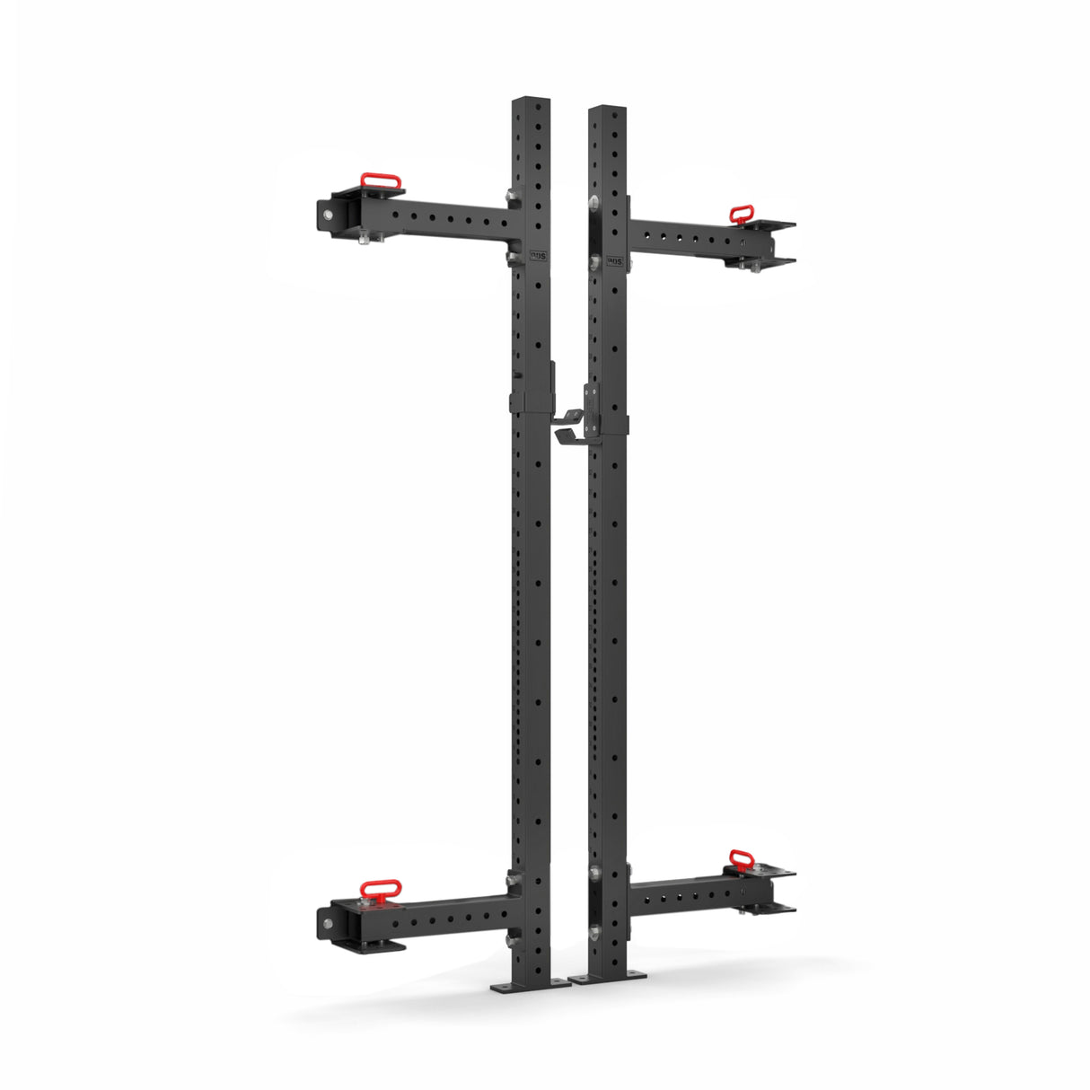 The Roc Foldable 2 Post Cage Builder by Bells of Steel, seen in a folded position against a white background, is ideal for home gyms. The design includes black steel beams with red accents and modular parts, featuring adjustable hooks and ⅝" holes for customization.