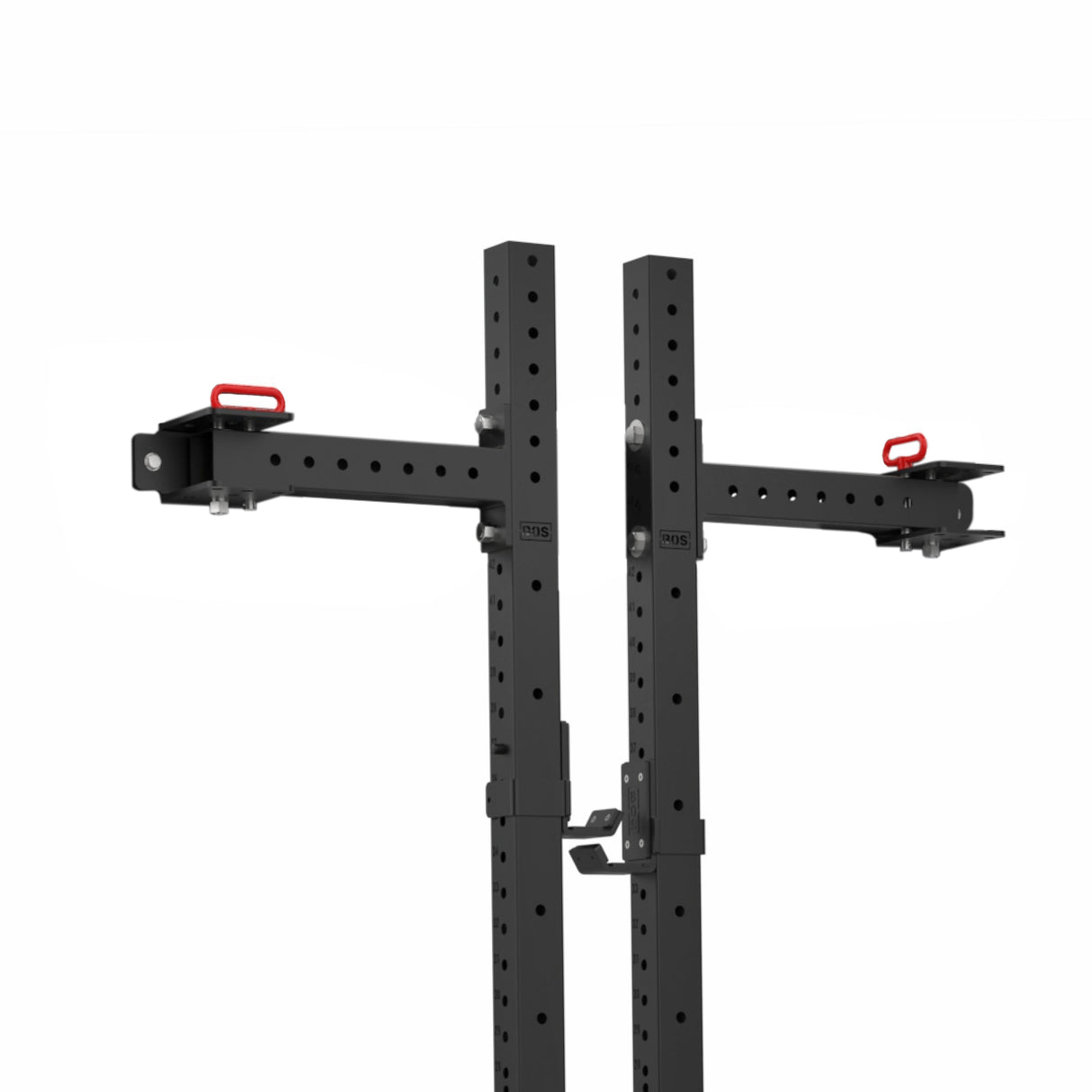 The Bells of Steel Roc Foldable 2 Post Cage Builder, in sleek black with 3"x3" posts and ⅝" holes, is ideal for home gyms. It features two vertical beams for customization and modular parts including adjustable horizontal arms with red handles for support or weight attachment, shown in a side view.