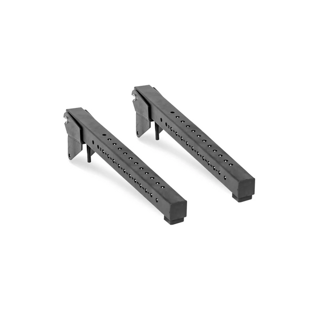 A pair of black metal Lever Arms Rack Attachments from Bells of Steel, featuring multiple holes for adjustable height. These space-efficient, robust rectangular legs are ideal for supporting furniture or equipment and are shown against a plain white background.