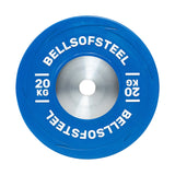 The Boltless KG Competition Bumper Plate by Bells of Steel is a blue plate built to IWF specs, labeled "Bells of Steel" and "20 KG" in white, featuring a metallic silver center ring, and viewed from above—ideal for Olympic weightlifting.