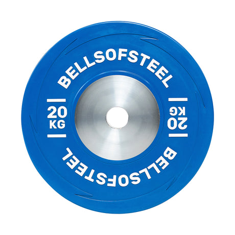 The Boltless KG Competition Bumper Plate by Bells of Steel is a blue plate built to IWF specs, labeled "Bells of Steel" and "20 KG" in white, featuring a metallic silver center ring, and viewed from above—ideal for Olympic weightlifting.