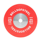 A red 25 kg Boltless KG Competition Bumper Plate by Bells of Steel, featuring white branding around the center and edges, meets IWF specs for Olympic weightlifting and is viewed from above on a white background.