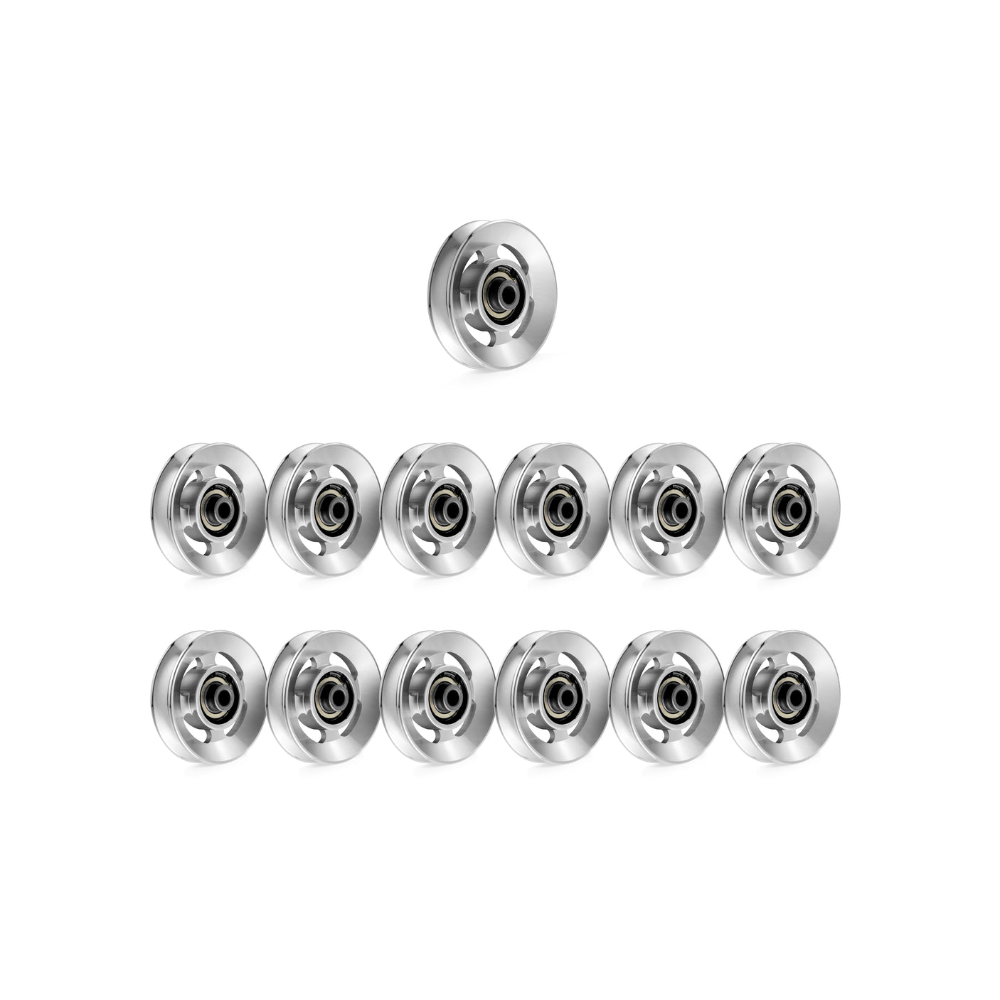 Twelve silver ball bearings are arranged in a triangle, echoing the precision of Bells of Steel Aluminum Pulley Wheels & Upgrade Kits, displayed on a white background.