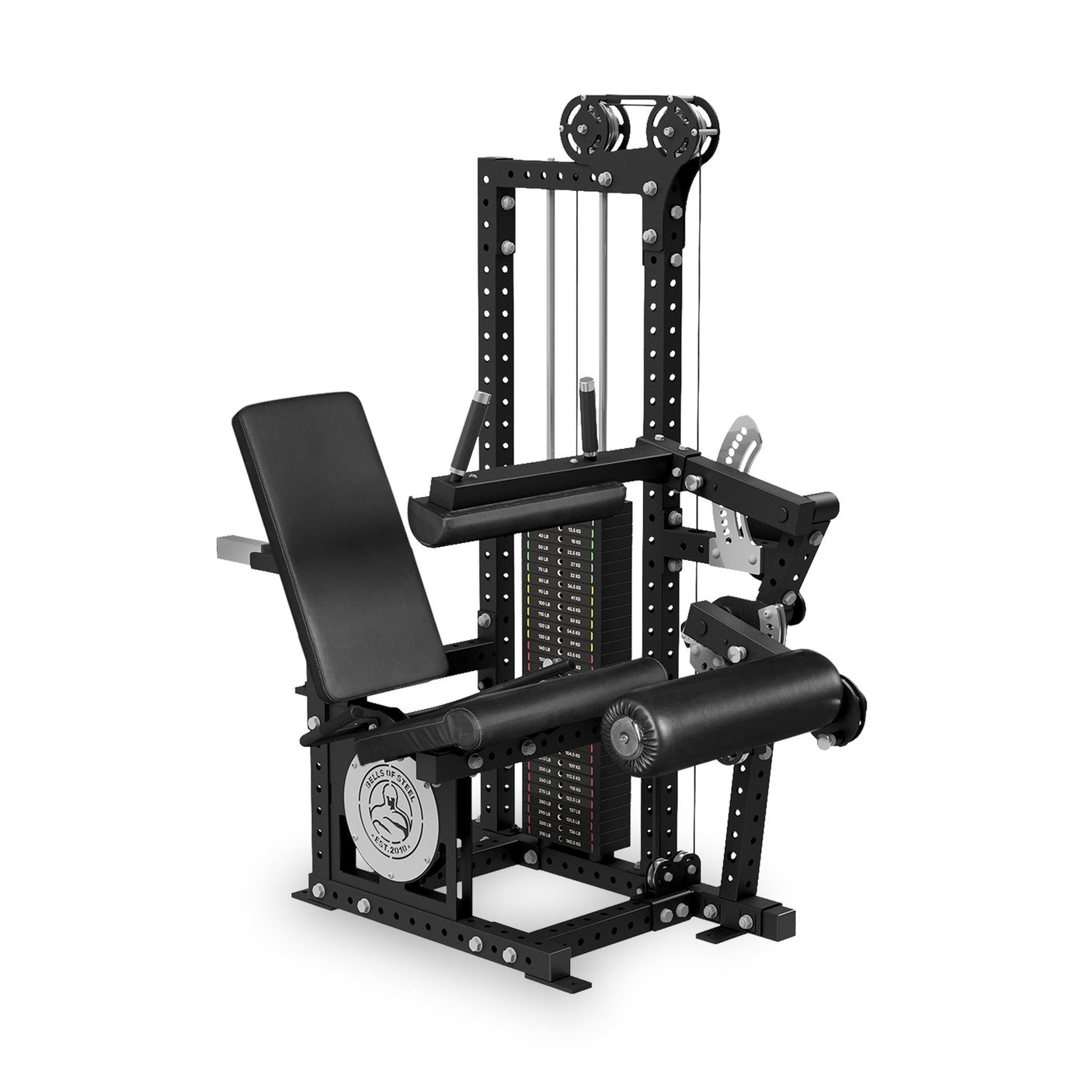 The Basilisk Stack Loaded Leg Extension / Leg Curl by Bells of Steel USA is a black gym machine with padded seat, backrest, and leg support, a 310 lb weight stack, pulleys, and levers for leg extension and curl exercises.