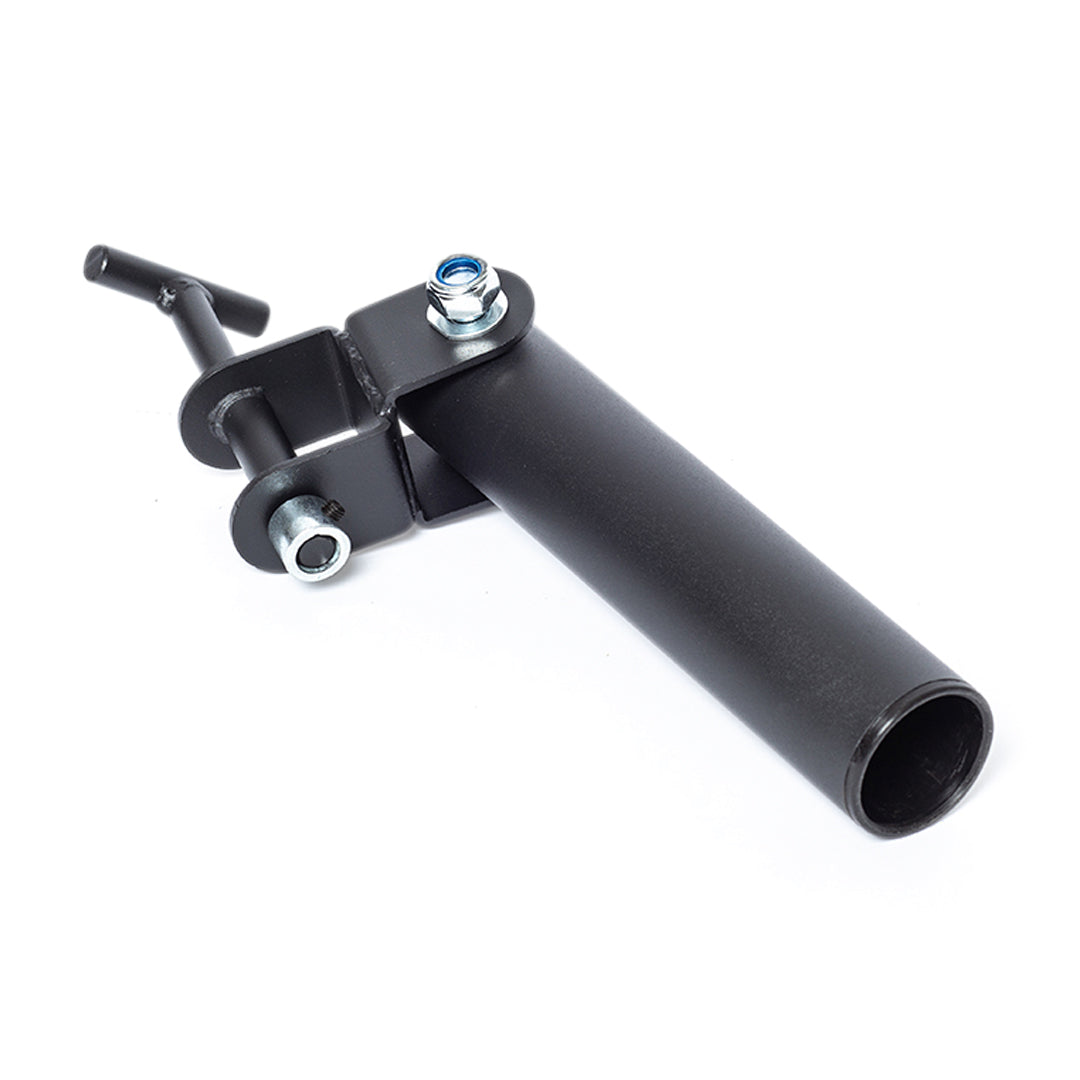 The Bells of Steel Landmine Rack Attachment is a black metal bracket with a cylindrical tube, clamp, and bolt for holding objects like an Olympic barbell during strength workouts, shown against a white background.