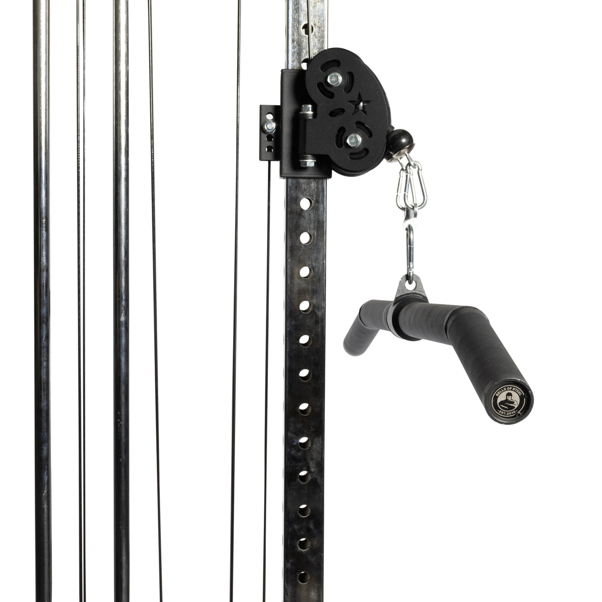 A close-up of the Bells of Steel Fat Bar - Lat Pulldown Bar showcases a gym cable pulley system with a black handle, metal rods, and adjustable mechanisms. It enhances grip strength and offers interchangeable cable attachments for versatile workouts.