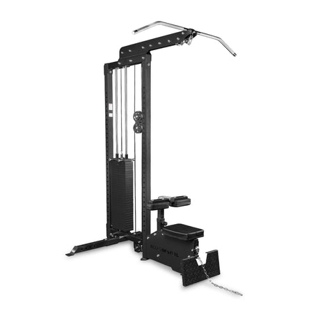 The Bells of Steel Lat Pulldown Low Row Machine is a black cable strength trainer with a padded seat, weight stack, footplates, pull-down bar, and pulley system—ideal for lat pulldowns or low rows.