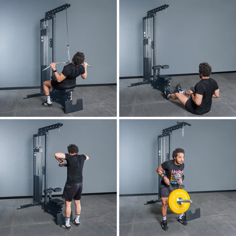 A man in athletic wear demonstrates lat pulldown, seated row, cable face pull, and standing bicep curl using the Bells of Steel Lat Pulldown Low Row Machine in a gym.