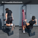 A man uses the Bells of Steel Lat Pulldown Low Row Machine to perform tricep dips (left) and a lat pulldown (right). Text above: “15+ Compatible Attachments.”.