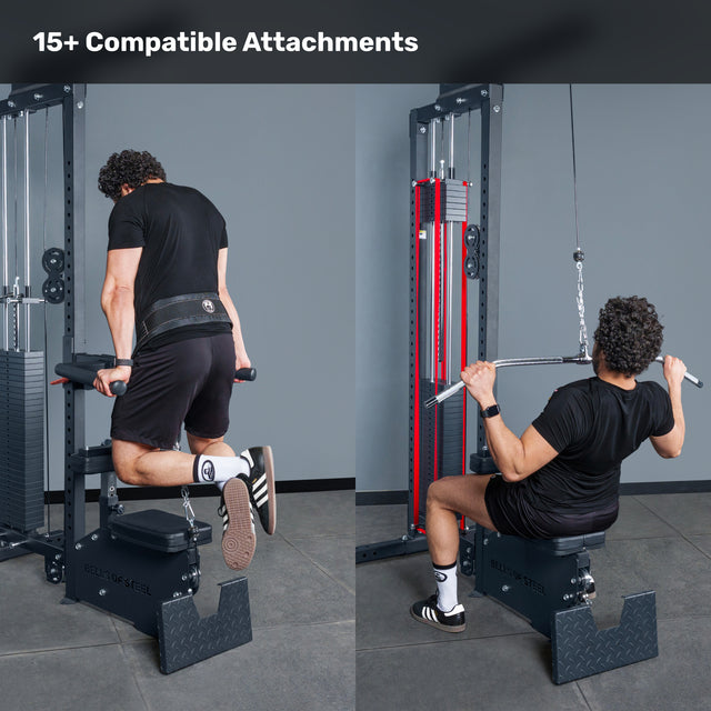 A man uses the Bells of Steel Lat Pulldown Low Row Machine to perform tricep dips (left) and a lat pulldown (right). Text above: “15+ Compatible Attachments.”.