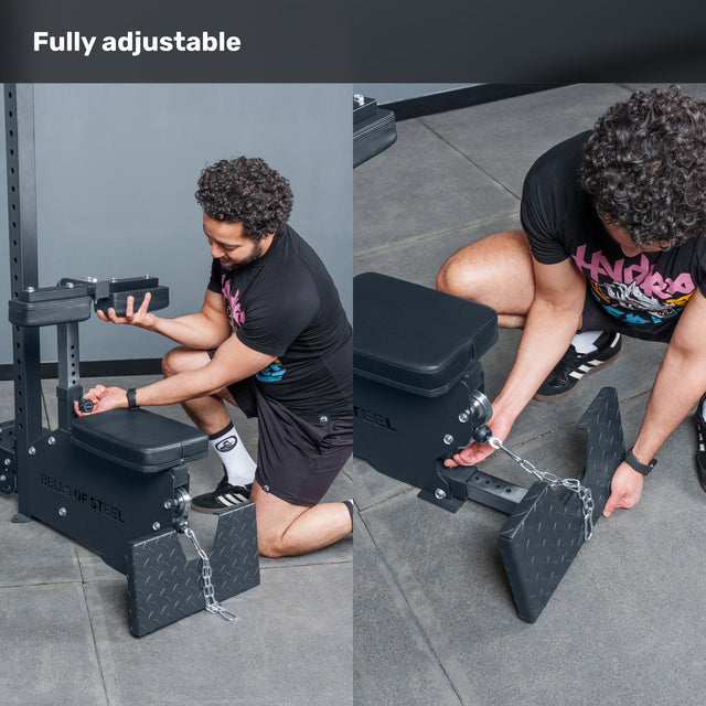 A person adjusts parts of a black Bells of Steel Lat Pulldown Low Row Machine in a gym. The text "Fully adjustable" is shown at the top.