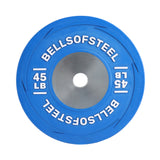The Boltless LB Competition Bumper Plate by Bells of Steel is a blue plate with white "Bells of Steel" and "45 LB" text, IWF-spec build, and metal center hole—ideal for Olympic lifts.