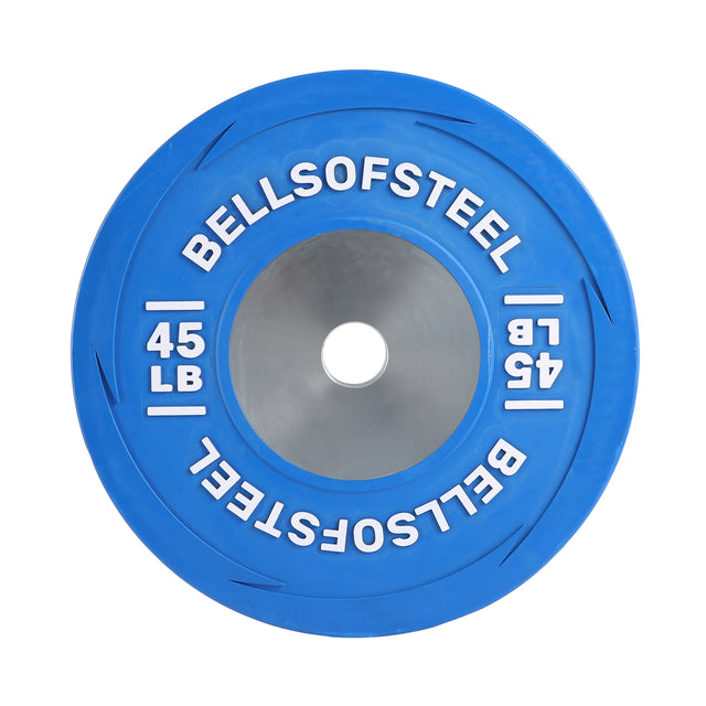 The Boltless LB Competition Bumper Plate by Bells of Steel is a blue plate with white "Bells of Steel" and "45 LB" text, IWF-spec build, and metal center hole—ideal for Olympic lifts.