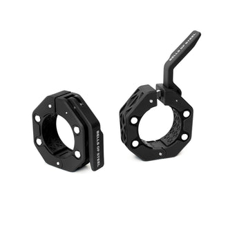 Two black, octagonal Magnetic Clamp Collars by Bells of Steel—one closed and upright, one open to reveal the lever mechanism. Both feature a modern, geometric design for secure lifts.