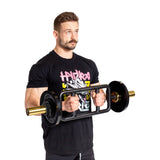 A man wearing a black graphic T-shirt lifts a barbell with weights, secured by Bells of Steel Magnetic Clamp Collars, standing against a white background.