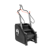 The Bells of Steel Sisyphean Stepper - Manual Stair Climber, featuring handrails, a display screen, and the "Stairs of Strength" logo, is an ideal home gym cardio machine for an effective workout.