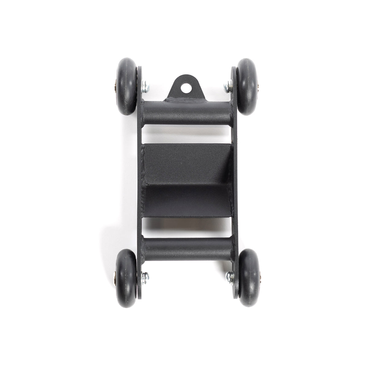 The Bells of Steel Glute Ham Slider is a black dolly with a rectangular platform and four paired wheels. It features an upward tab with a hole, perfect for using resistance bands to enhance movement while smoothly moving objects.