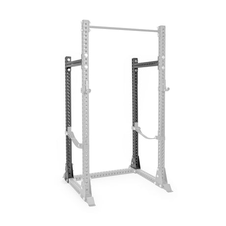A Bells of Steel USA Half Rack Conversion Kit is shown with one vertical post in black and the rest in light gray, highlighting the upgrade from squat stand to half rack.