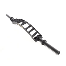The Bells of Steel Omni Bar is a curved black bar with a rackable length, multiple horizontal grip handles at the center, knurled grips, and cylindrical sleeves at each end, shown on a white background.