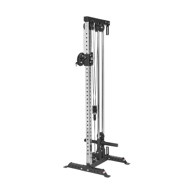 The Bells of Steel Cable Tower is a freestanding metallic structure in black and silver, featuring adjustable pulleys and handles for exercise. It's ideal for resistance training or weight lifting, with a convenient weight stack to customize workout intensity.