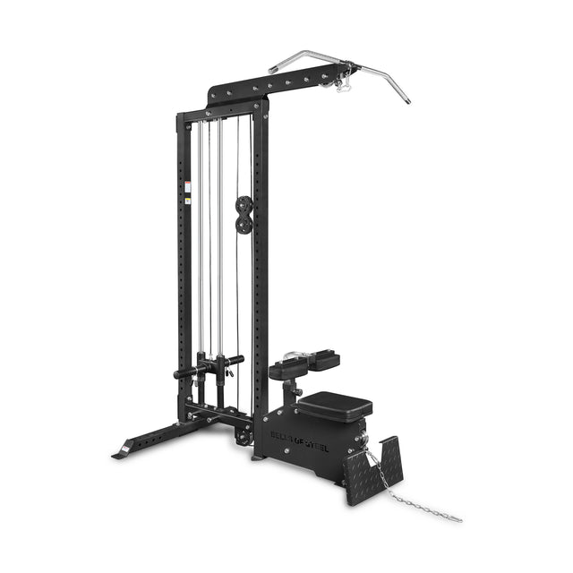 The Bells of Steel Lat Pulldown Low Row Machine is a black, freestanding unit with a high pulley, adjustable seat, and footplate—perfect cable workout equipment for upper body exercises at home or in the gym.